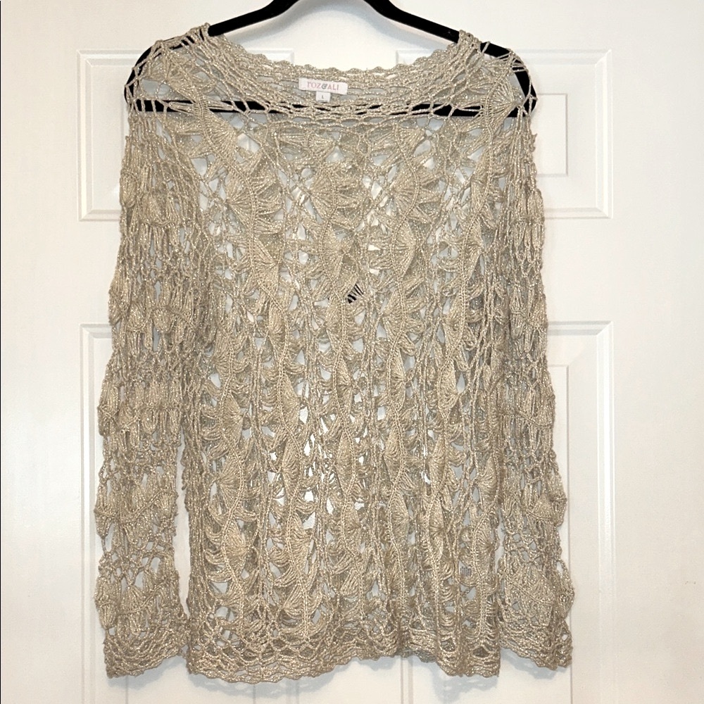 Roz & Ali Open-Knit Sweater Tan L Subtle Gold Metallic Shimmer Festive Glam